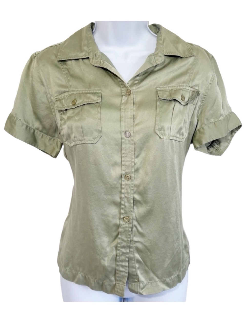 CHADWICK’S Vintage 80s 100% Silk Sage Green Button Down Utility Blouse Size 10